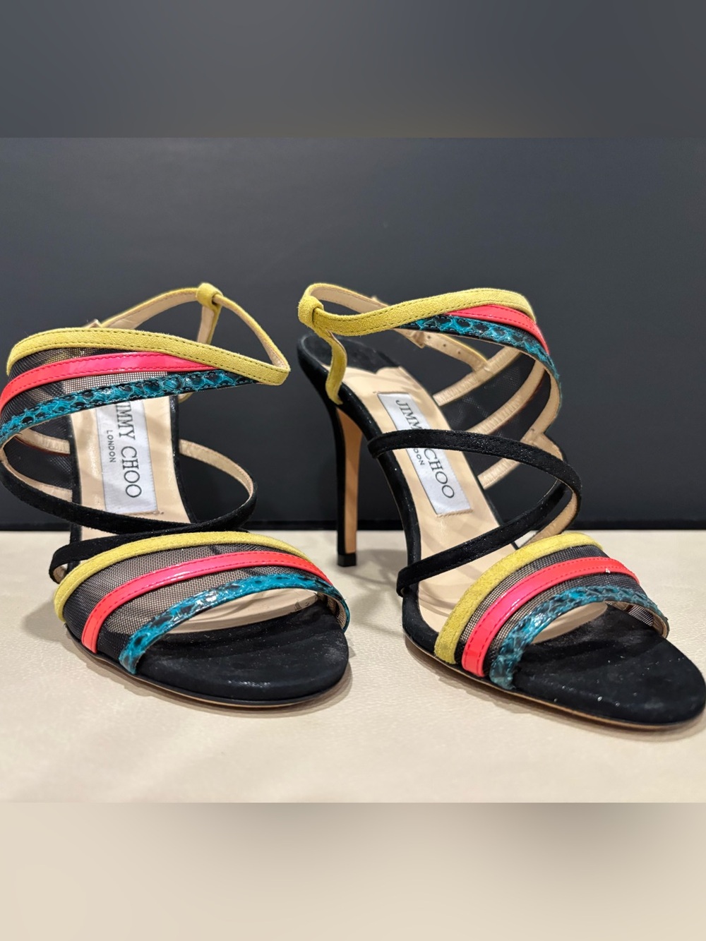 Jimmy Choo Heels Black Strappy, Size 5, Wedding Cocktail Colorful Evening Party - Picture 1 of 7
